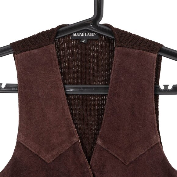 VTG Cowhide Leather Vest M Mens 90s Brown Suede Buttons Pocket Sweater Knit Back - Picture 2 of 5